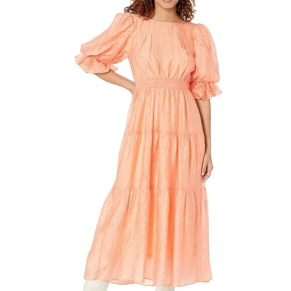 Moon River Dresses & Skirts - MOON RIVER Womens Sz S Puff Sleeve Tiered Back cutout Midi Dress Coral Cocktail